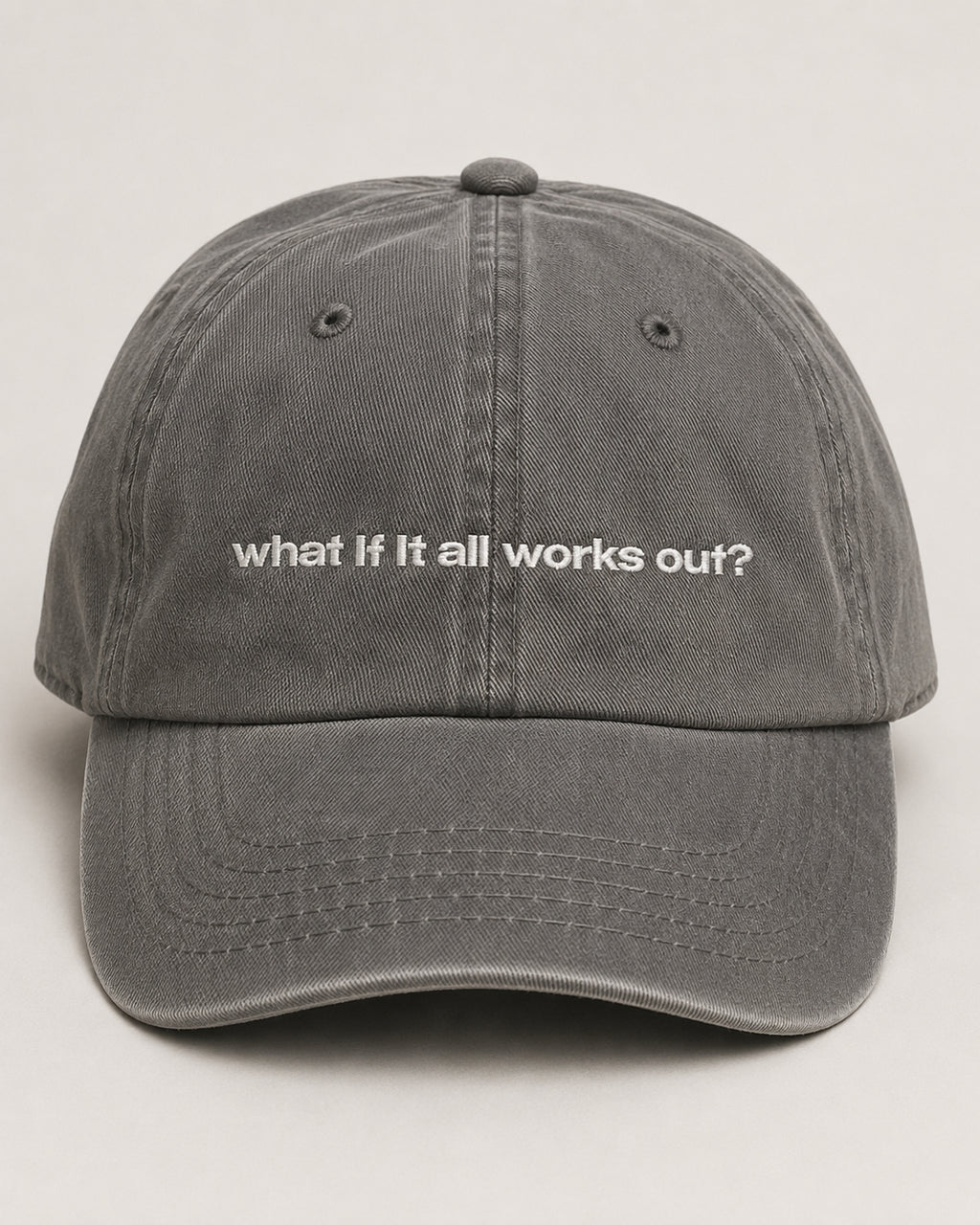 Gray cap with 'what if it all works out?' text on a light gray background