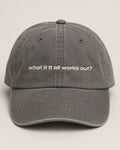 Gray cap with 'what if it all works out?' text on a light gray background