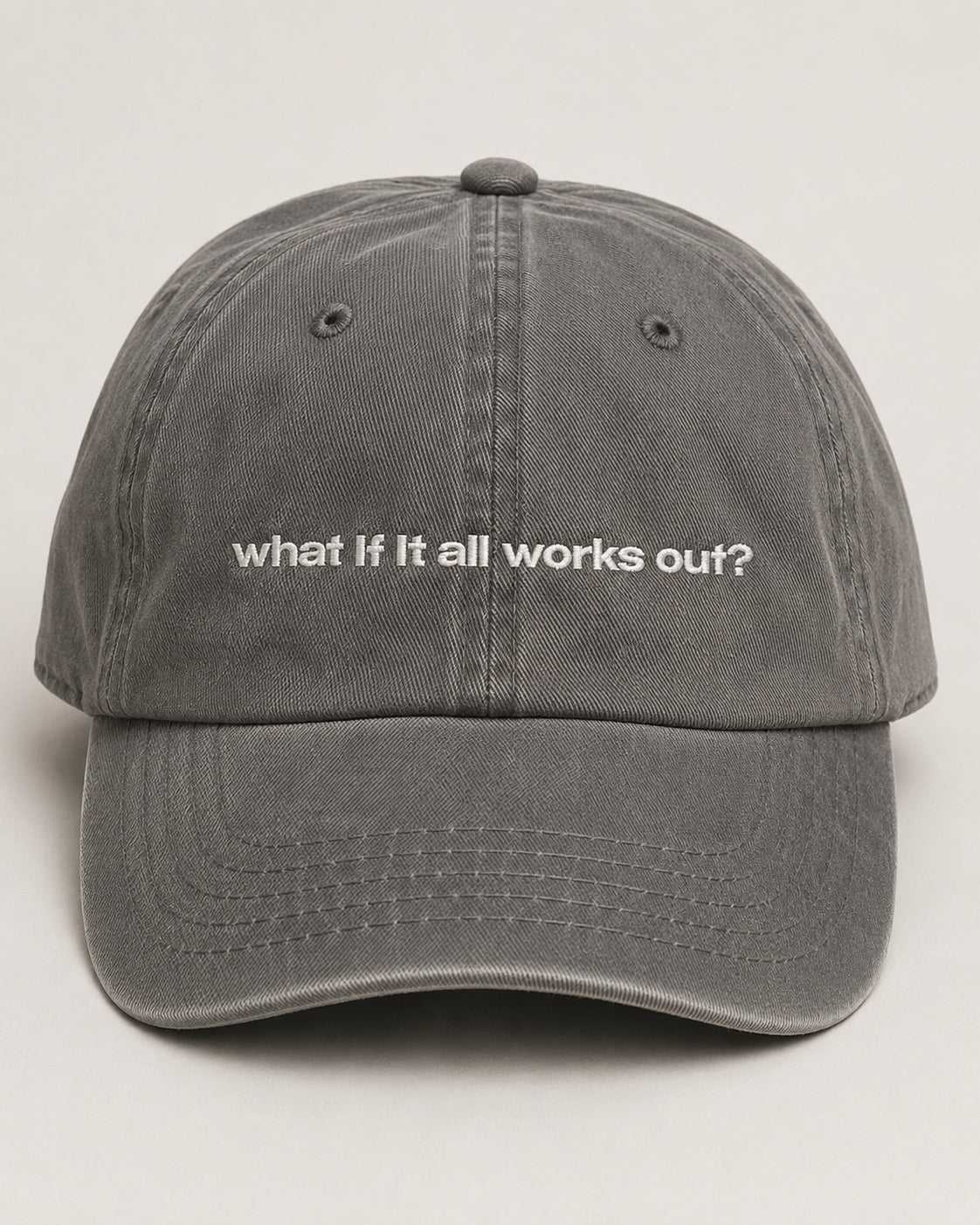 Gray cap with 'what if it all works out?' text on a light gray background